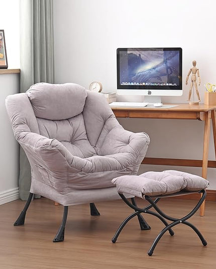 Lazy Chair and Ottoman, Large Accent Lounge Chair with Armrests and a Side Pocket, Modern Leisure Upholstered Sofa Reading Armchair with Footrest for Bedroom, Living Room, Dorm Rooms, Office - LeafyLoom