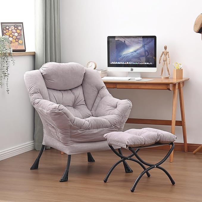Lazy Chair and Ottoman, Large Accent Lounge Chair with Armrests and a Side Pocket, Modern Leisure Upholstered Sofa Reading Armchair with Footrest for Bedroom, Living Room, Dorm Rooms, Office - LeafyLoom