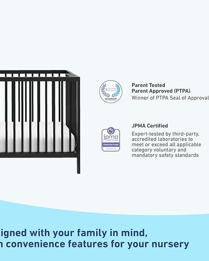 Graco Teddi 5-in-1 Convertible Crib (Black) – GREENGUARD Gold Certified, Converts to Daybed, Toddler & Twin Bed with Headboard and Footboard, Adjustable Mattress Height - LeafyLoom