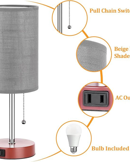 Dott Arts Table Lamp for Bedroom, 3-Color Bedside Lamps with Pull Chain, Bedroom Table Lamps for Nightstand,Small Lamp for Living Room, Bulb Included Grey Striped … - LeafyLoom