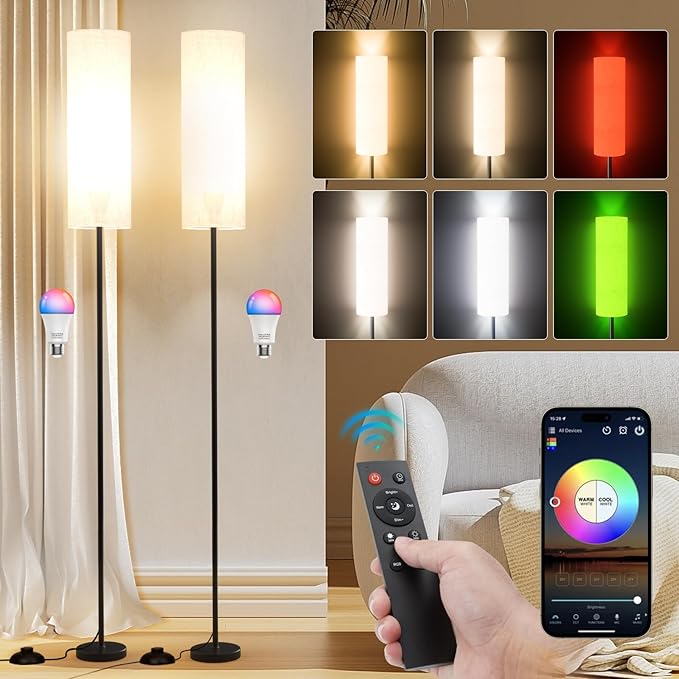 Frideko 2 Pack Smart RGB LED Floor Lamp with App and Remote Control, 16 Million Colors Modern Standing lamp, Stepless Dimmable Corner Floor Light with Timer Setting, Tall Floor Lamps for Living Room - LeafyLoom
