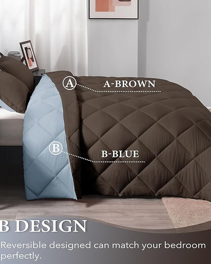 downluxe King Size Comforter Set - Brown and Blue King Comforter, Soft Bedding Sets for All Seasons -3 Pieces - 1 Comforter (104"x92") and 2 Pillow Shams(20"x36") - LeafyLoom