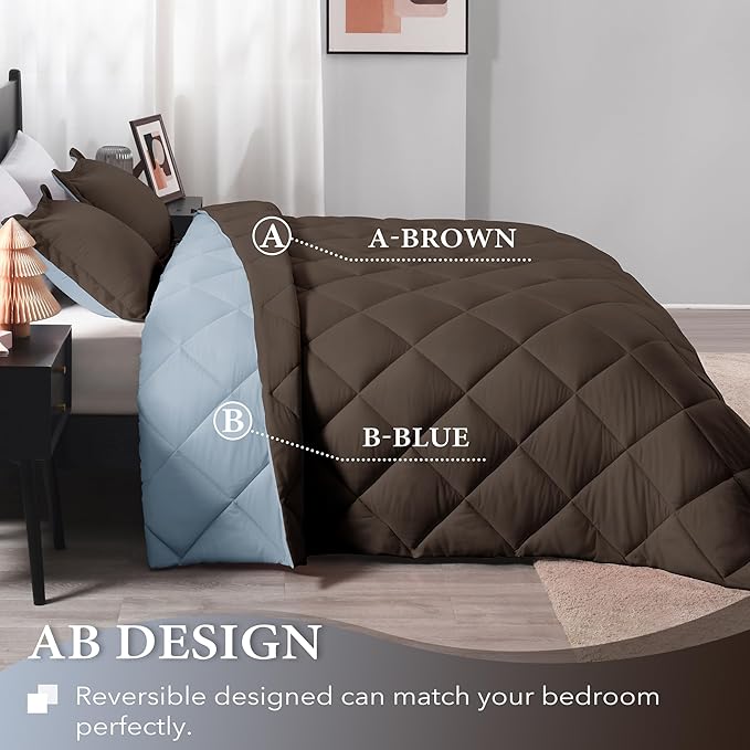 downluxe King Size Comforter Set - Brown and Blue King Comforter, Soft Bedding Sets for All Seasons -3 Pieces - 1 Comforter (104"x92") and 2 Pillow Shams(20"x36") - LeafyLoom