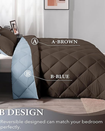 downluxe Queen Comforter Set - Brown and Blue Queen Comforter, Soft Bedding Sets for All Seasons -3 Pieces - 1 Comforter (88"x92") and 2 Pillow Shams(20"x26") - LeafyLoom