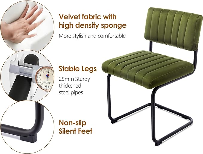 ONEVOG Velvet Dining Chairs Set of 4, Upholstered Kitchen Dining Room Chairs with Striped Open Back, Comfy Green Chair Armless, Dinner Chair for Party, Black Chrome Metal Legs - LeafyLoom