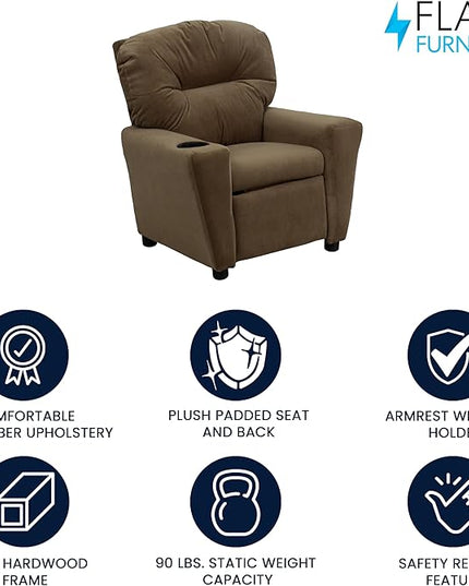 Flash Furniture Chandler Microfiber Kids Recliner with Cup Holder and Safety Recline, Contemporary Reclining Chair for Kids, Supports up to 90 lbs., Brown - LeafyLoom