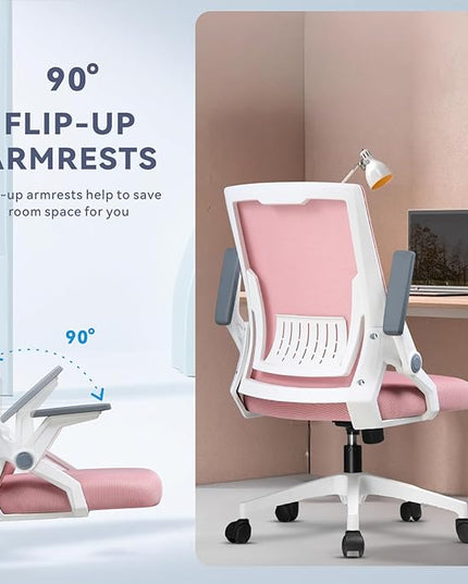 COMHOMA Office Chair with Flip-up Armrests Ergonomic Computer Desk Chair Foldable Mesh Task Chair with Wheels Adaptive Lumbar Support Swivel Tilt Comfortable Study Chair for Student, Pink - LeafyLoom