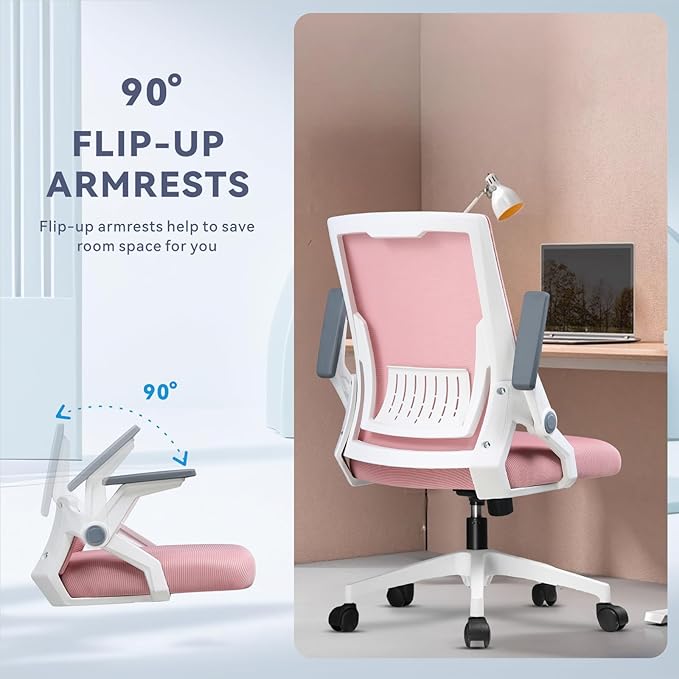 COMHOMA Office Chair with Flip-up Armrests Ergonomic Computer Desk Chair Foldable Mesh Task Chair with Wheels Adaptive Lumbar Support Swivel Tilt Comfortable Study Chair for Student, Pink - LeafyLoom