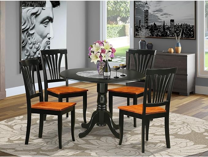 East West Furniture DLAV5-BLK-W 5 Piece Dining Set Includes a Round Dining Room Table with Dropleaf and 4 Kitchen Chairs, 42x42 Inch, Black & Cherry - LeafyLoom