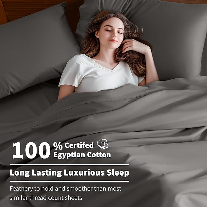 Shilucheng 100% Cotton Sheets Set - 600 Thread Count，Luxury Egyptian Cotton Bed Sheets，5-Star Hotel Quality Sheets, Breathable & Cooling, 16 Inch Deep Pocket - 4 Piece (Dark Grey, Full) - LeafyLoom
