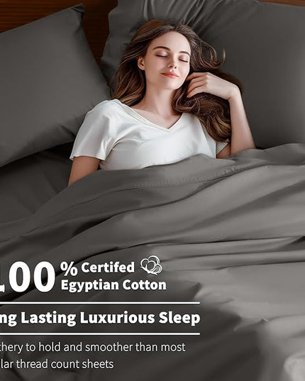 Shilucheng 100% Cotton King Size Sheets Set - 600 Thread Count，Luxury Egyptian Cotton Bed Sheets，5-Star Hotel Quality Sheets, Breathable & Cooling, 16 Inch Deep Pocket - 4 Piece (Dark Grey, King) - LeafyLoom