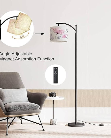 Modern Arc Floor Lamp with Dimmer Mid Century Watercolor Transparent floral set isolated white collection roses Metal Standing Lamp with Linen Shade Footswitch for Living Room Bedroom Office - LeafyLoom