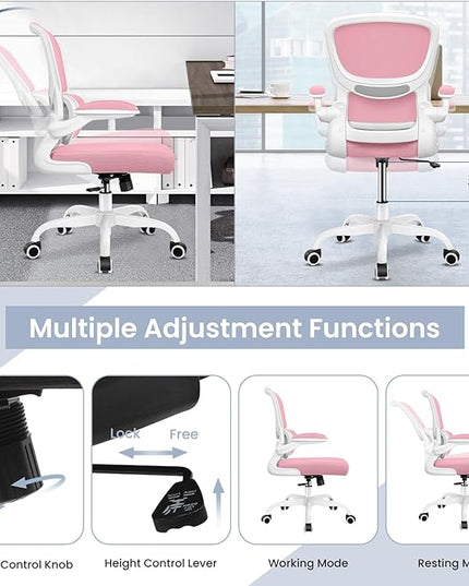 Office Chair, Ergonomic Desk Chair with Lumbar Support and Adjustable Armrests, Comfy Desk Chair Breathable Mesh Mid Back Computer Chair, Reclining Office Chair for Home Office - Pink - LeafyLoom