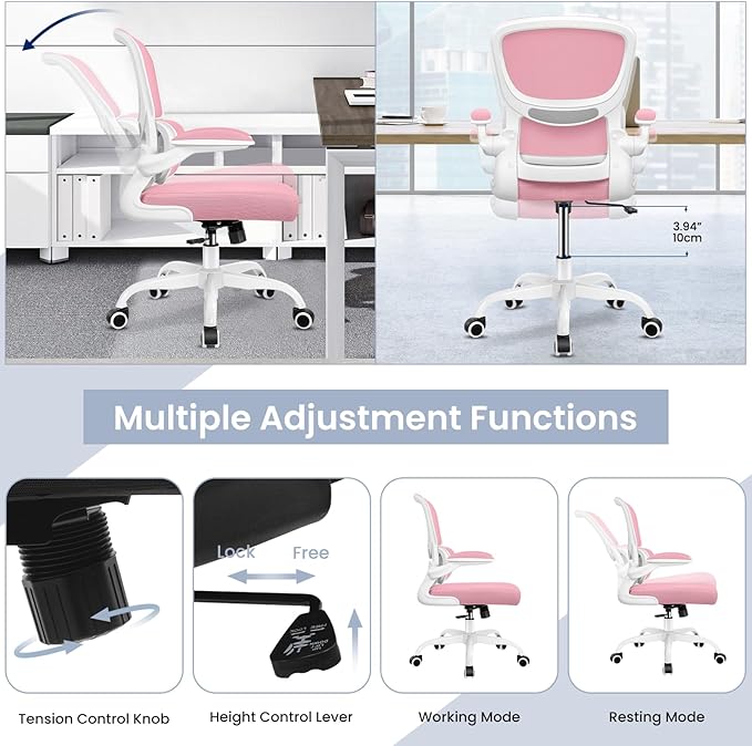 Office Chair, Ergonomic Desk Chair with Lumbar Support and Adjustable Armrests, Comfy Desk Chair Breathable Mesh Mid Back Computer Chair, Reclining Office Chair for Home Office - Pink - LeafyLoom