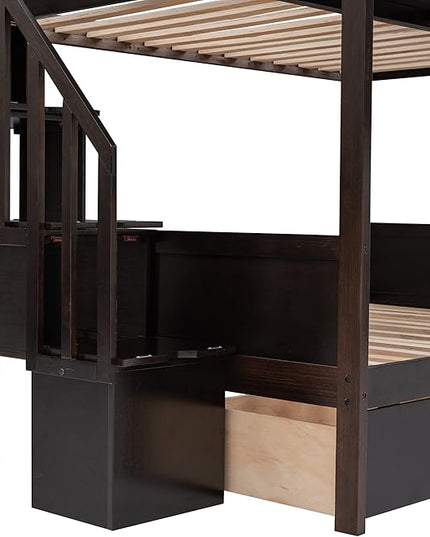 Twin Over Full Bunk Bed with Stairs Storage Function, Shelf and 2 Drawers, Wooden Frame Stairway Bunkbeds for Kids Teens Bedroom, Espresso - LeafyLoom