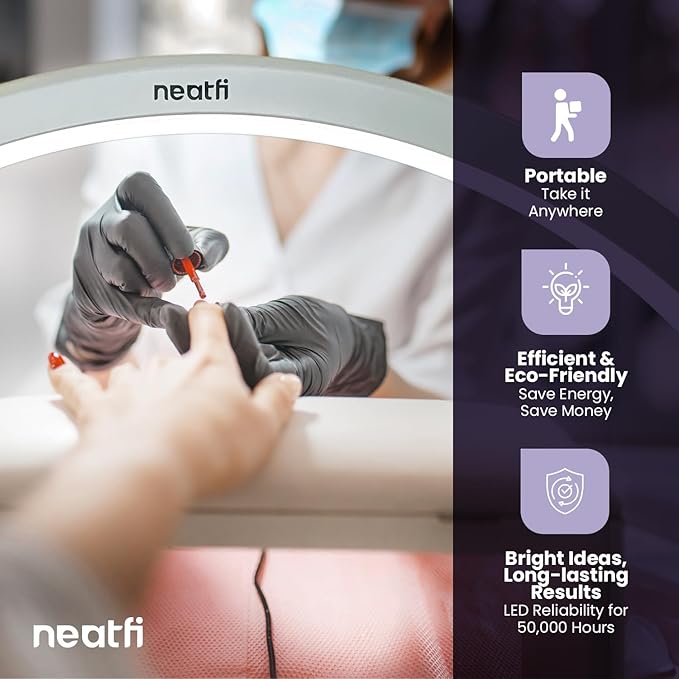Neatfi Half Moon LED Table Lamp for Estheticians, Nail Tech, and Cosmetician, 1600 Lumens, Dimmable, 3 Light Modes, 40W, 2700K-5600K, Nail Art, Facial, Waxing, Threading, Tattoo (Modern, White) - LeafyLoom