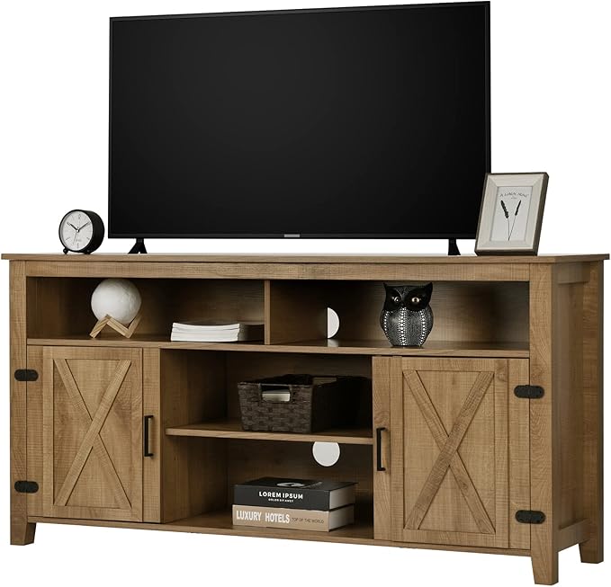 YITAHOME Highboy Farmhouse Barn Door TV Stand for 65 Inch TV, Modern Entertainment Center for 300 lbs, Rustic TV Media Console Storage TV Cabinet for Living Room, Barnwood, 59.5” - LeafyLoom