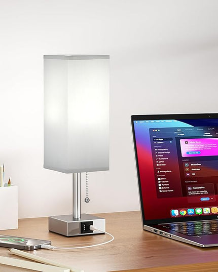 Grey Small Table Lamp for Bedroom - 3 Color Temperature 3000K 5000K 4000K Bedside Lamp, Pull Chain Control, USB A and C Charging Ports, Silver Base, for Kids Office Dorm nightstand, Bulb Included - LeafyLoom