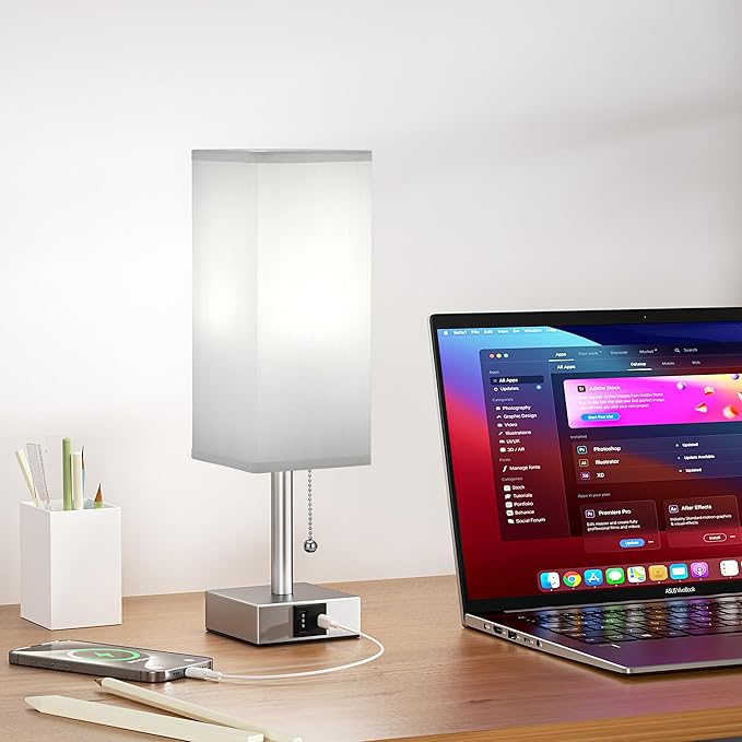 Grey Small Table Lamp for Bedroom - 3 Color Temperature 3000K 5000K 4000K Bedside Lamp, Pull Chain Control, USB A and C Charging Ports, Silver Base, for Kids Office Dorm nightstand, Bulb Included - LeafyLoom