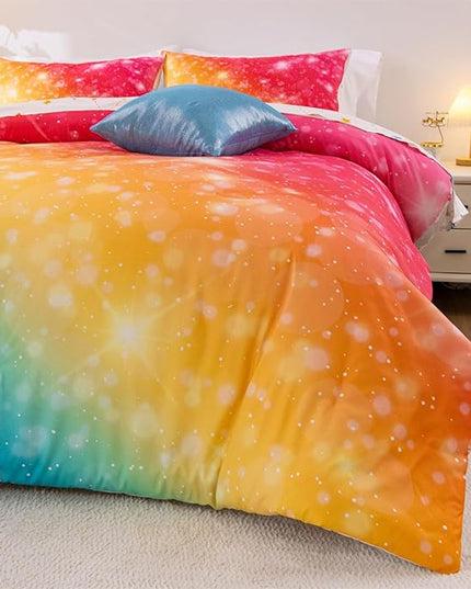 A Nice Night Gradient Glitter 6Pcs Bed in A Bag Bedding Set for Girls Twin Size, Colorful Rainbow Galaxy Comforter Set, Ultra Soft Bedding Sets, YellowBlue - LeafyLoom