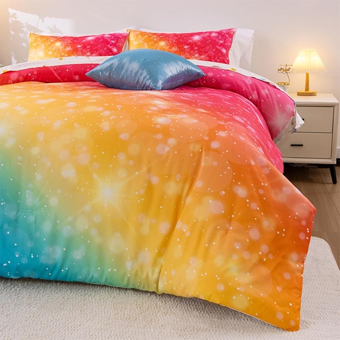 A Nice Night Gradient Glitter 6Pcs Bed in A Bag Bedding Set for Girls Full Size, Colorful Rainbow Galaxy Comforter Set, Ultra Soft Bedding Sets, YellowBlue - LeafyLoom
