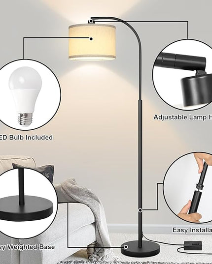 Boncoo Modern Floor Lamp for Living Room, Arc Floor Lamp with Adjustable Hanging Shade, Black Arched Light with Dimmable Pedal Switch for Bedroom Study Room Office, 9W 3000K LED Bulb Included - LeafyLoom