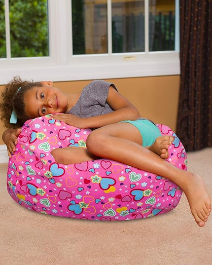 Posh Creations Bean Bag Chair for Kids, Teens, and Adults Includes Removable and Machine Washable Cover, Canvas Multi-Colored Hearts on Pink, 27in - Medium - LeafyLoom