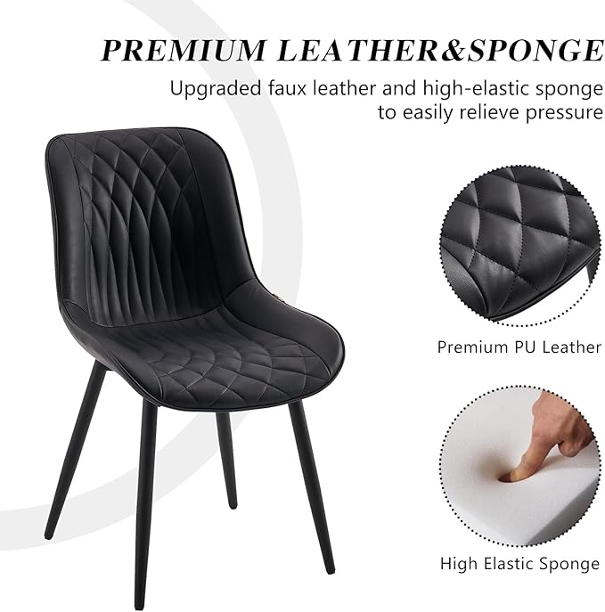 YOUNIKE Black Dining Chairs set of 2 with High Backs Mid Century Modern Kitchen & Dining Room Chairs PU Faux Leather Upholstered sillas de comedor Comfortable Large Padded Accent Chair with Metal Legs - LeafyLoom