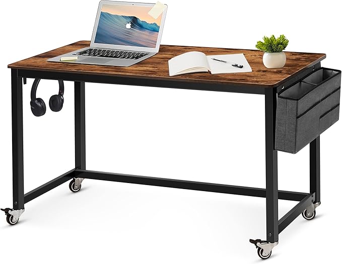 AHB 55" Rolling Computer Desk with 4 Smooth Wheels, Simple Style Mobile Writing Desk Home Office Study Table Movable Workstation with Metal Frame - LeafyLoom