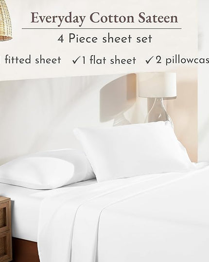 California Design Den 100% Cotton Sheets for Queen Size Bed Sheets with Deep Pocket, 4 Piece Queen Sheet Set with Sateen Weave, Cooling Sheets (White) - LeafyLoom