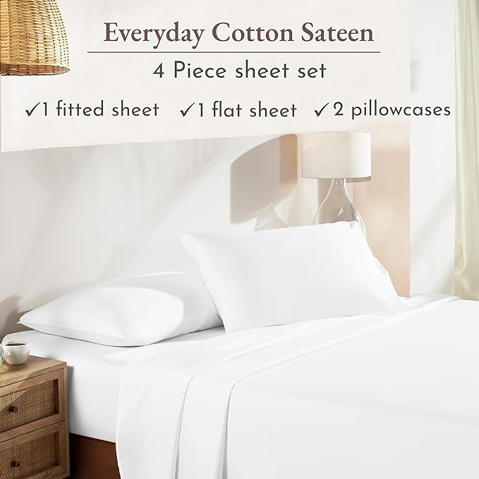 California Design Den 100% Cotton Sheets for Queen Size Bed Sheets with Deep Pocket, 4 Piece Queen Sheet Set with Sateen Weave, Cooling Sheets (White) - LeafyLoom