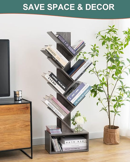 Yoobure Tree Bookshelf - 6 Shelf Retro Floor Standing Bookcase, Tall Wood Book Storage Rack for CDs/Movies/Books, Utility Book Organizer Shelves for Bedroom, Living Room, Home Office, Grey - LeafyLoom