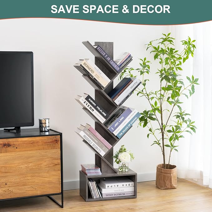Yoobure Tree Bookshelf - 6 Shelf Retro Floor Standing Bookcase, Tall Wood Book Storage Rack for CDs/Movies/Books, Utility Book Organizer Shelves for Bedroom, Living Room, Home Office, Grey - LeafyLoom