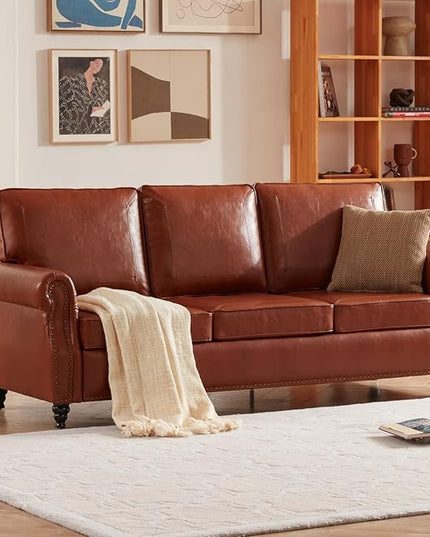 Dreamsir 79'' Traditional Faux Leather Sofa, 3 Seater Couch with Nailhead Trim and Rolled Arms, Classic Couches for Living Room, Bedroom, Apartment, Easy Assembly（Reddish Brown） - LeafyLoom