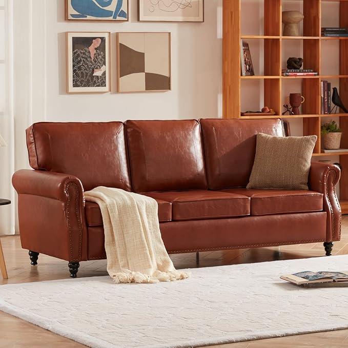 Dreamsir 79'' Traditional Faux Leather Sofa, 3 Seater Couch with Nailhead Trim and Rolled Arms, Classic Couches for Living Room, Bedroom, Apartment, Easy Assembly（Reddish Brown） - LeafyLoom