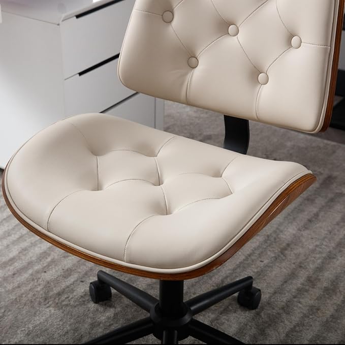 Armless Home Office Chair Modern Walnut Chair with Wheels Mid Back Swivel Computer Chair No arm Adjustable Height Leather Desk Chair for Reading,Meeting Room (Beige) - LeafyLoom
