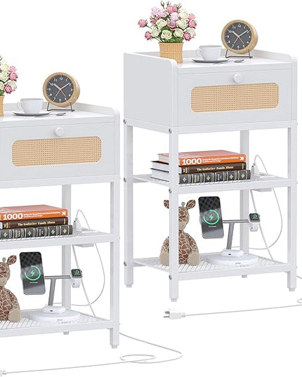 Night Stand set 2, Side Table with Rattan Drawer, Nightstand with Charging Station, Industrial Bedside Table with 3-Tier Storage, White JET003CW2 - LeafyLoom
