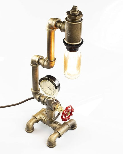 Steampunk Lamp with Dimmer, Dimmable Loft Style Industrial Vintage Antique Style Light with Bulb, Clock with Iron Piping Desk Lamp, Retro Desk Lamp LL-029 - LeafyLoom