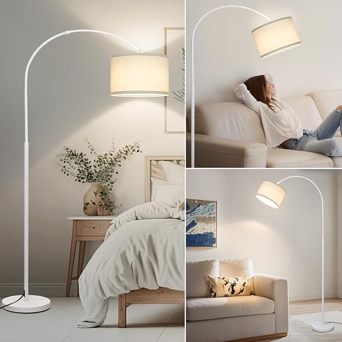 Seaside village Standing Lamp for Living Room, Dimmable Arc Floor Lamp with White Adjustable Hanging Shade, Modern Pole Lamp Tall Reading Light for Bedroom, Over Couch, Office, 9W LED Bulb Included - LeafyLoom
