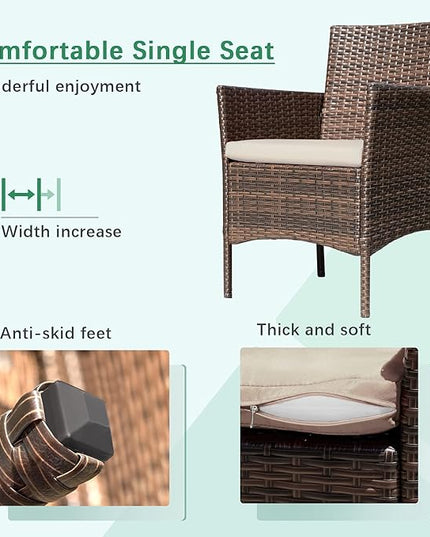 Greesum Patio Furniture 4 Pieces Conversation Sets Outdoor Wicker Rattan Chairs Garden Backyard Balcony Porch Poolside loveseat with Soft Cushion and Glass Table, Brown and Beige - LeafyLoom