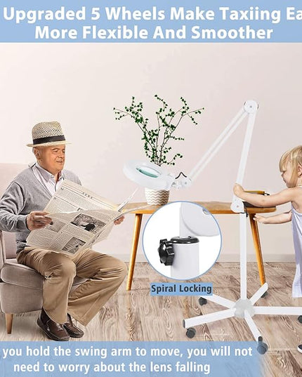 Magnifying floor lamp with 5 Wheels Rolling Base for estheticians - 1,500 Lumens LED Dimmable light with Magnifying Glass, 8-diopter Lighted magnifier for Reading, Crafts, Sewing, Close Work(5X) - LeafyLoom