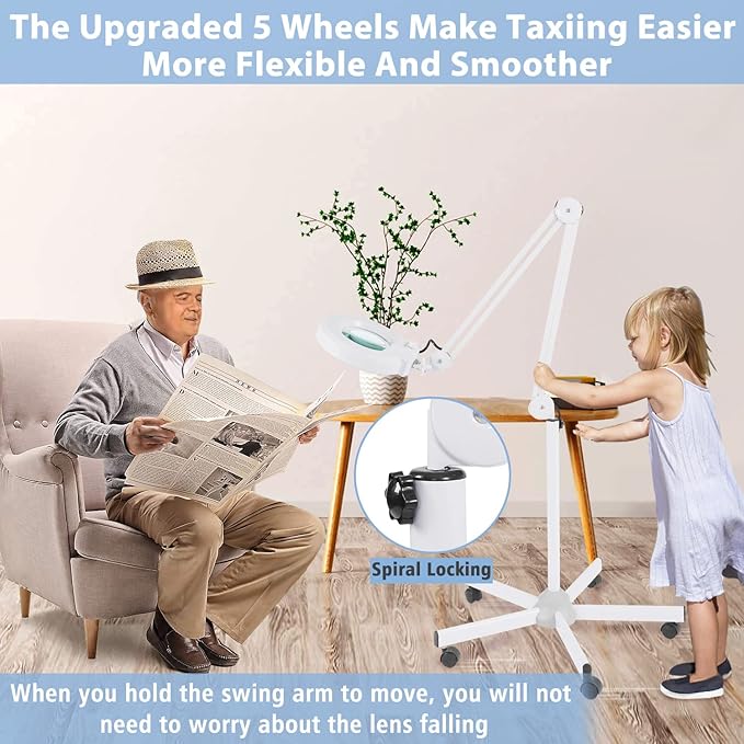 Magnifying floor lamp with 5 Wheels Rolling Base for estheticians - 1,500 Lumens LED Dimmable light with Magnifying Glass, 8-diopter Lighted magnifier for Reading, Crafts, Sewing, Close Work(5X) - LeafyLoom