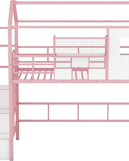 Twin Size Metal Loft Bed with roof Design and a Storage Box,House Shaped Stairway Metal Bedframe w/Guardrail & Roof Design, for Kids Boys Girls Bedroom, Pink - LeafyLoom