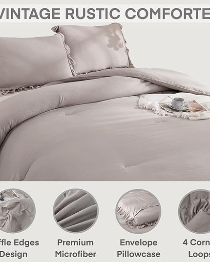 Andency California King Comforter Set Wheat (104x96Inch), 3 Pieces Cal King Ruffle Comforter, Oversized Farmhouse Shabby Chic Bed Comforter, Lighteweight and Soft Microfiber Bedding Set - LeafyLoom
