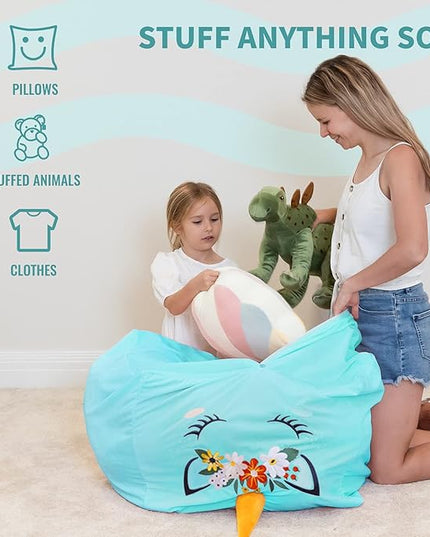 Aubliss Unicorn Stuffed Animal Storage Bean Bag Chair for Kids, Velvet Extra Soft Beanbag Chairs Cover, X-Large Stuffable Zipper Bean Bag for Organizing Plush Toys Girls Bedroom Decor, Cyan Floral - LeafyLoom