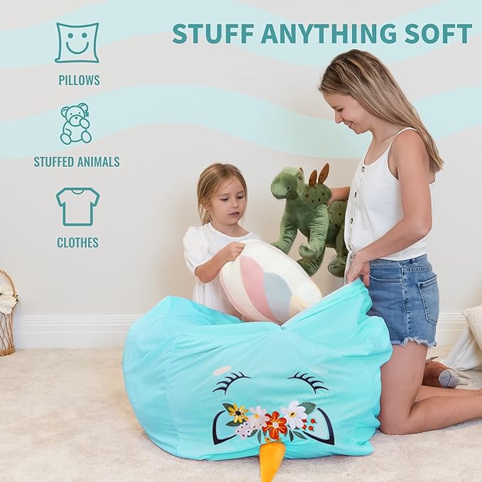 Aubliss Unicorn Stuffed Animal Storage Bean Bag Chair for Kids, Velvet Extra Soft Beanbag Chairs Cover, X-Large Stuffable Zipper Bean Bag for Organizing Plush Toys Girls Bedroom Decor, Cyan Floral - LeafyLoom