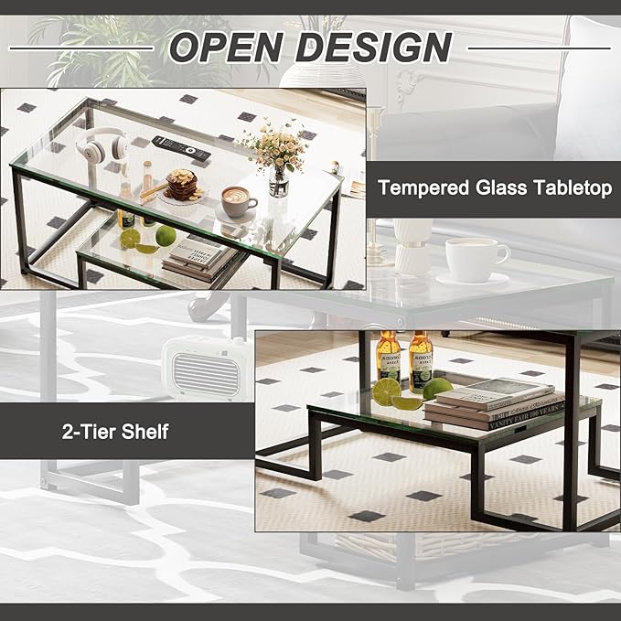 Coffee Table Black Glass Coffee Table for Living Room,2 Tiers Rectangle Center Table with Sturdy Metal Frame,Modern Tempered Glass Accent Table for Bedroom Home Office - LeafyLoom