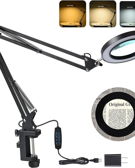 LED Magnifier Desk Lamp with Stand, 3 Color Modes & Stepless Dimming 5-Diopter Glass Lens, Adjustable Swivel Arm - Magnifying lamp for Close Work, Repair, Crafts, Reading - Long - LeafyLoom