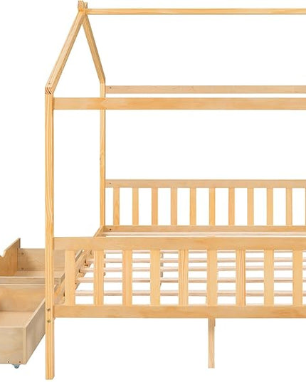 Full Bed Frame with Headboard and Footboard, Low House Bed/Full Bed Frame with Storage Drawer, Wood Bed Frame for Kids, Girls, Boys, Teens, Full Bed Frame Natural - LeafyLoom
