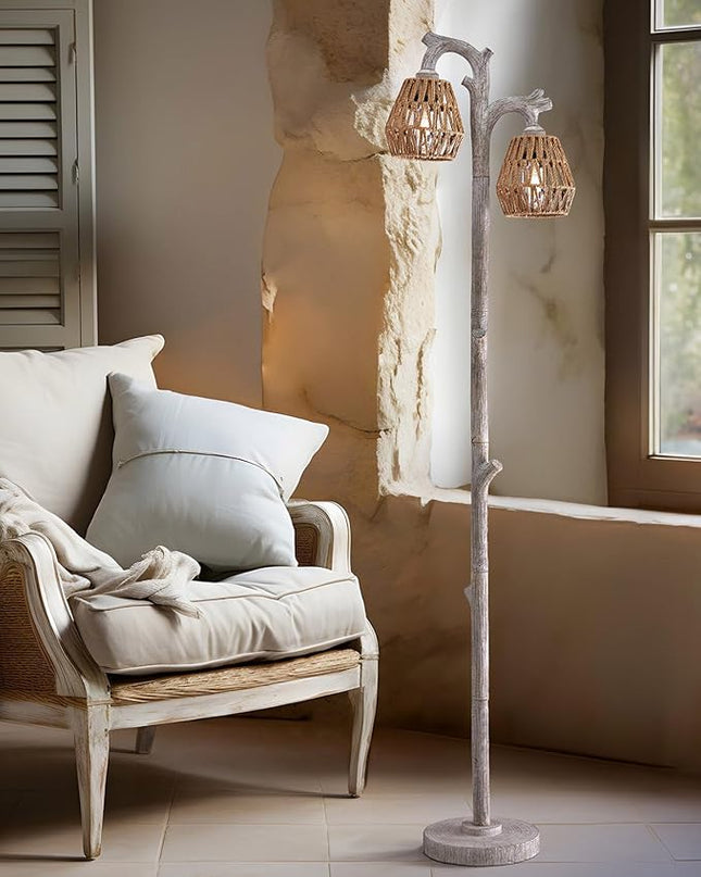 OYEARS Retro Farmhouse Rattan Floor Lamp Boho for Living Room Rustic Standing Lamps Tree Trunk Deco Modern Country Vintage Wood Grain 62" Tall Corner Floor Lamp Bedroom Office… - LeafyLoom